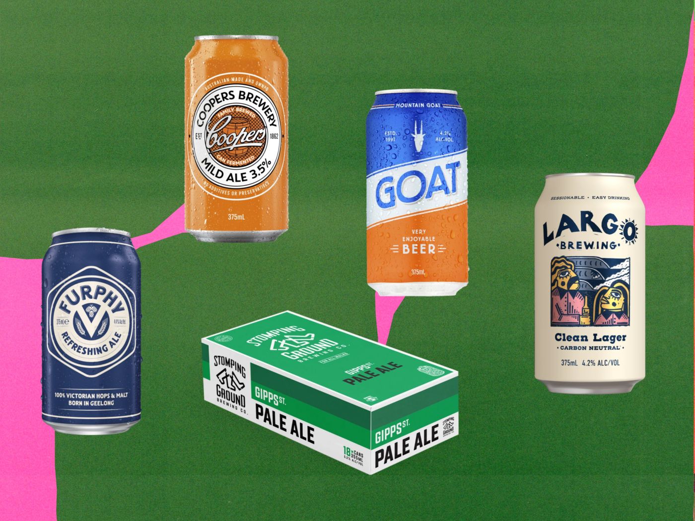 Five different beers against a green background