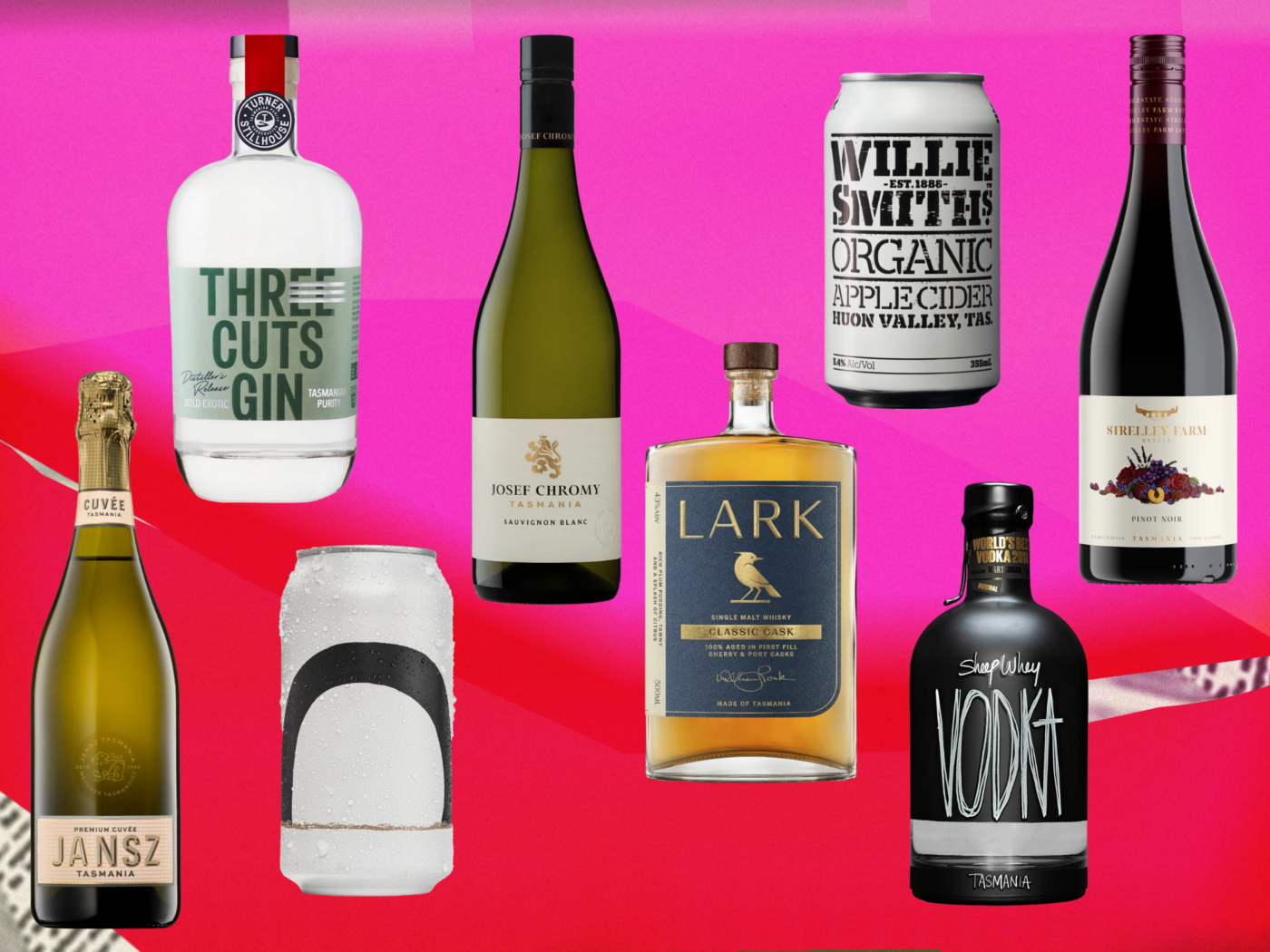 Eight bottles of different Tasmanain beer, wine, spirits and cider 