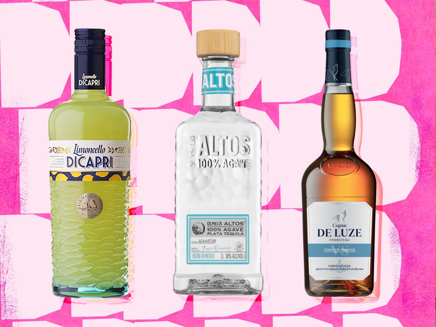 A line up of Limoncello di Capri, Olmeca Altos Plata Tequila and De Luze VS Cognac