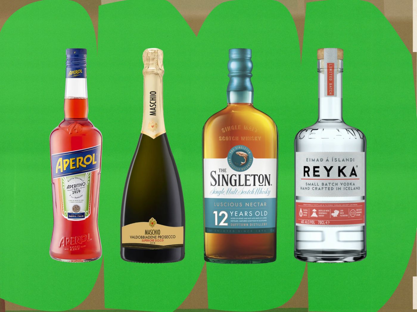 Four bottles of spirits that make great wintery cocktails on a green background 