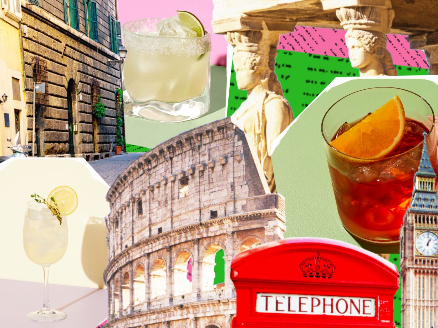 A montage of different European cities and cocktails