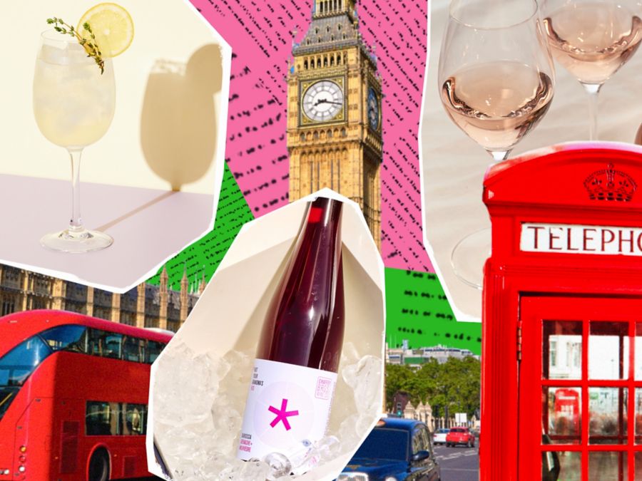 London's Big Ben and phone booths with sparkling wine 