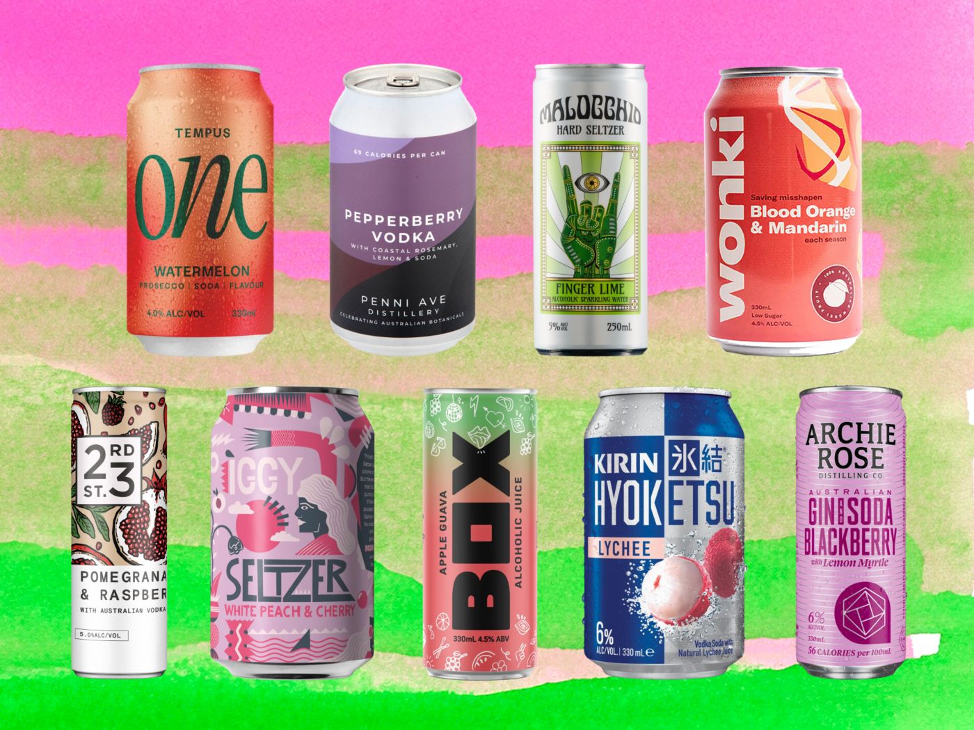 9 unique premixed alcoholic drinks against an illustrated background 
